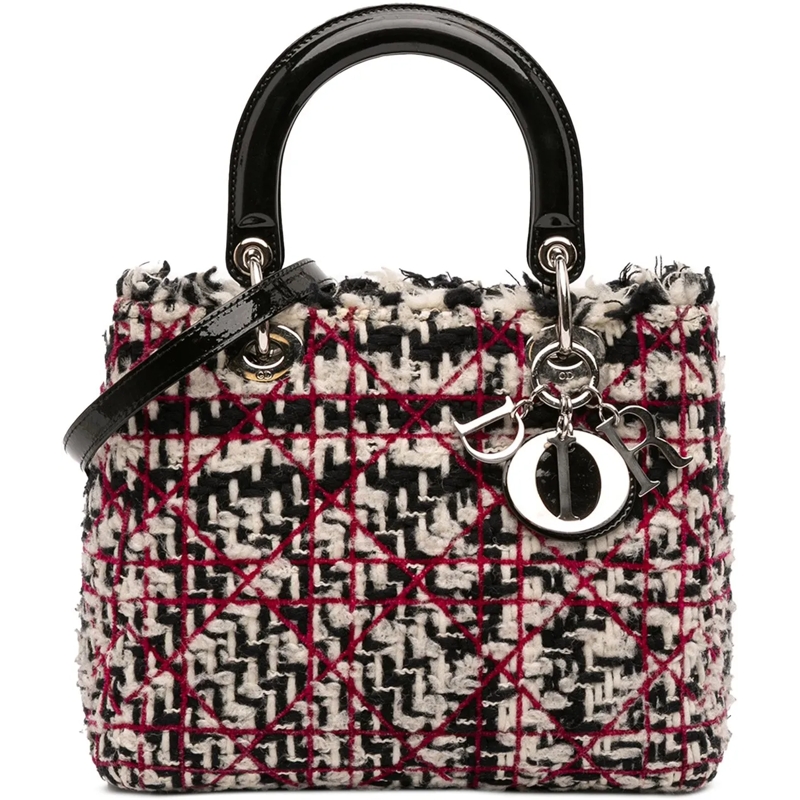 Christian Dior Schultertasche Medium Tweed Cannage Fringe Lady Dior schwarz