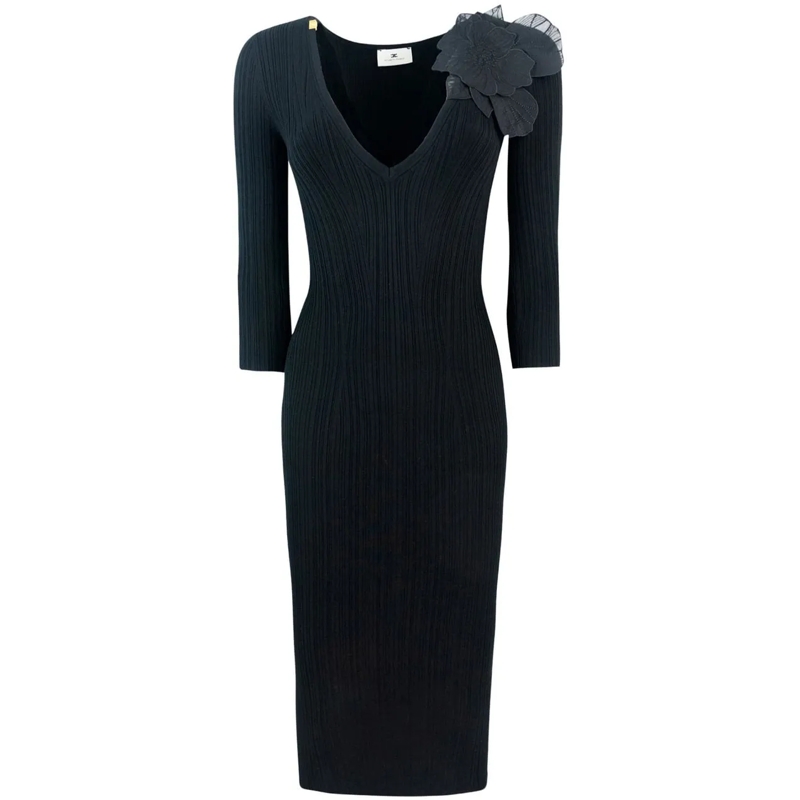 Elisabetta Franchi Robe midi Knitted Dress With Deep V-Neck Black