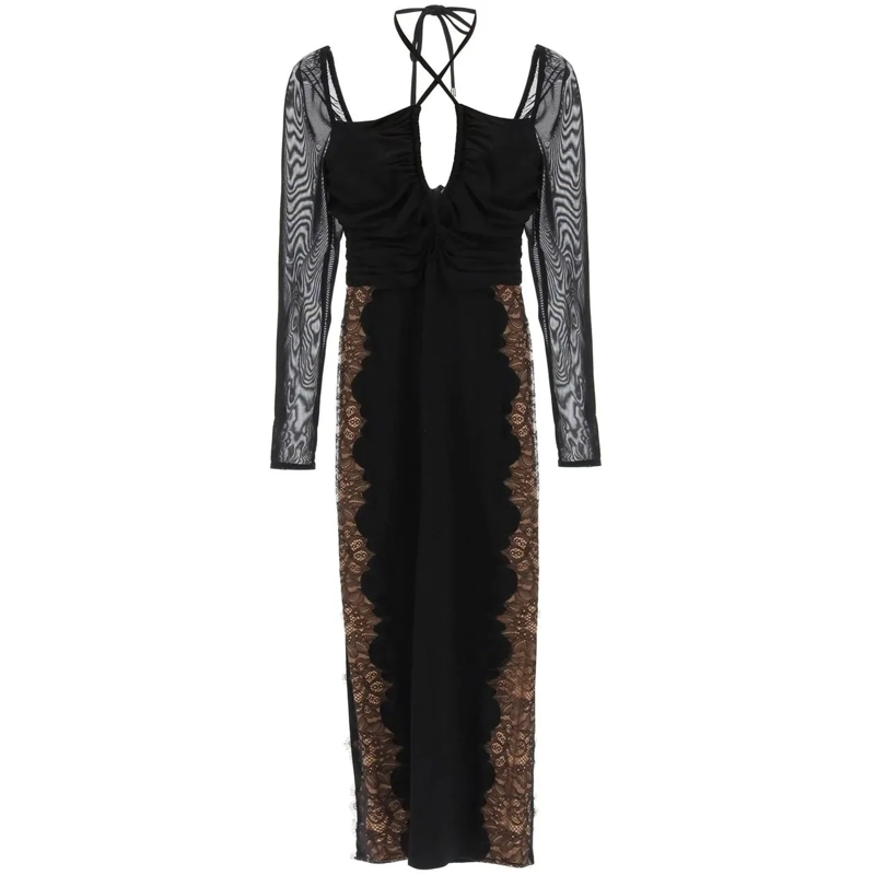 Self Portrait Robe midi Lace Trim Midi Dress With Sheer Sleeves Black