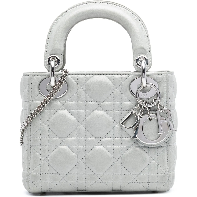 Christian Dior Schultertasche Mini Iridescent Lambskin Cannage Lady Dior silber