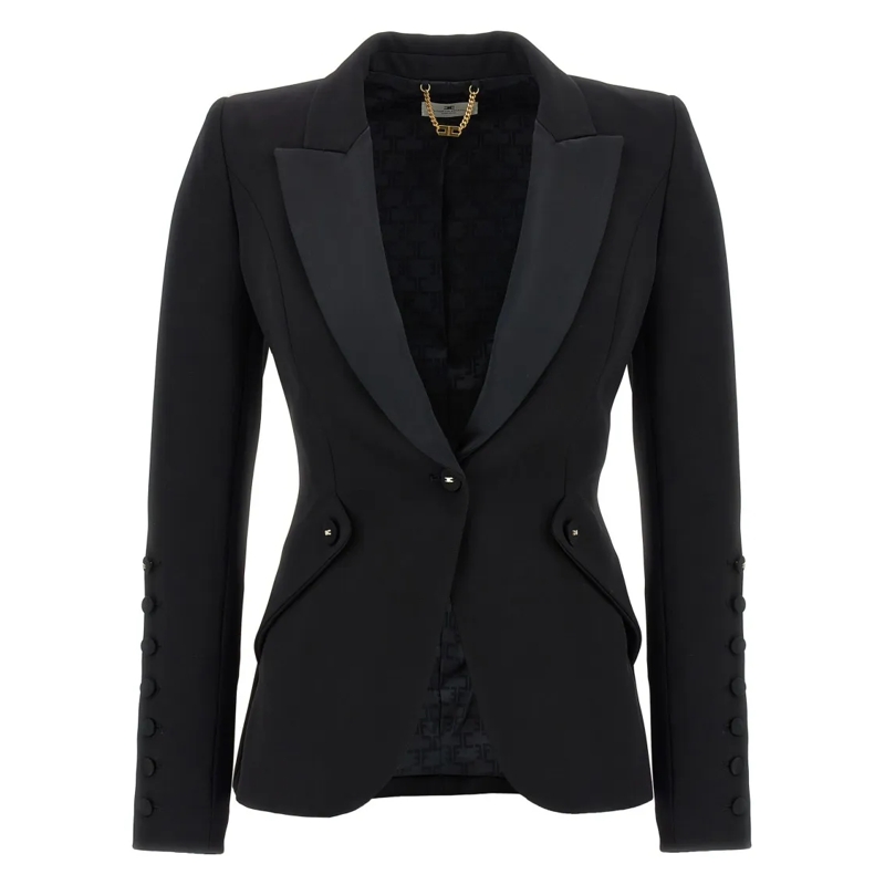 Elisabetta Franchi Blazer Lightweight Single-Breasted Tuxedo Blazer Black