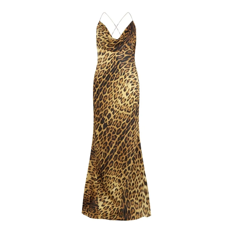 Roberto Cavalli  Jaguar Print Silk Maxi Dress Brown