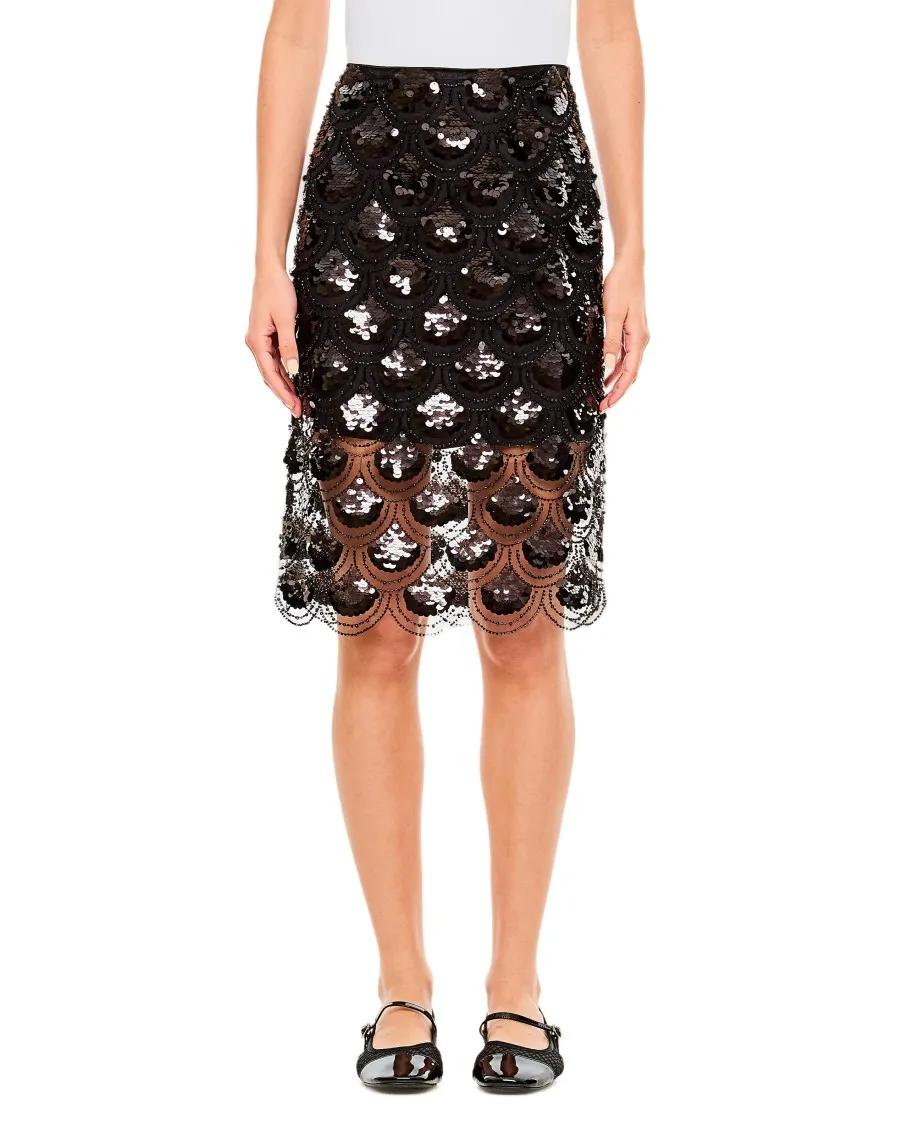 Thumbnail - Rotate - Scalloped Hem Black Sequin Skirt - Größe 36 - schwarz