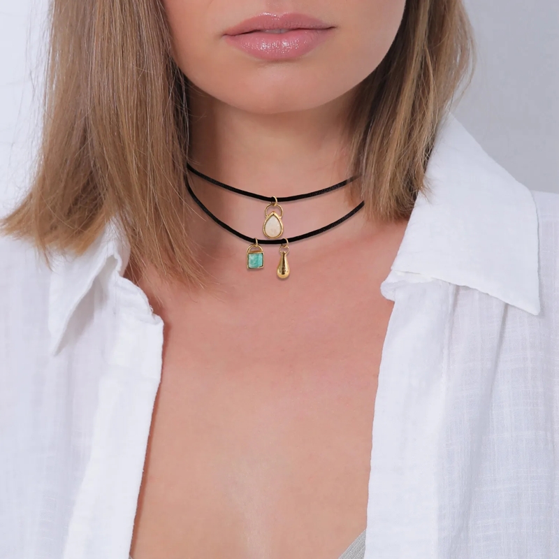 Elli Mittellange Halskette Halskette Satin Choker Layer Amazonit Mondstein 92 gold(Image 6)