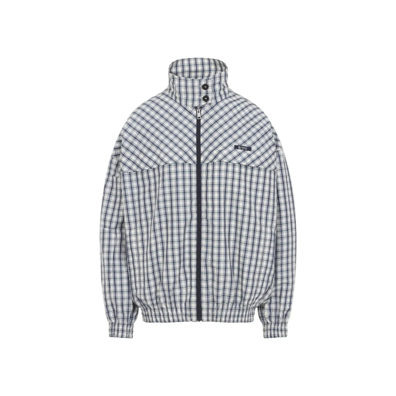Prada Overgangsjas High-Collar Checkered Jacket In Soft Cotton-Polyam Grey