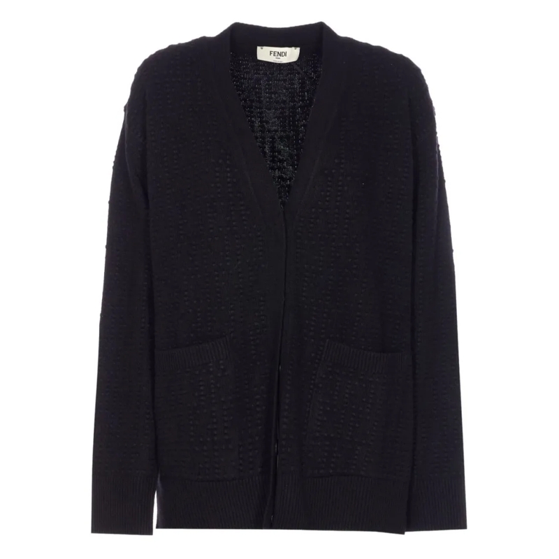 Fendi Trui Textured Knit Sweater With Deep V-Neckline Black