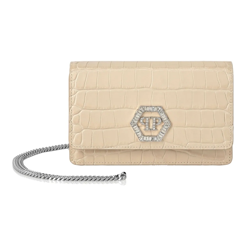 Philipp Plein Schultertasche Klappentasche Hexagon Crocco Geprägt beige