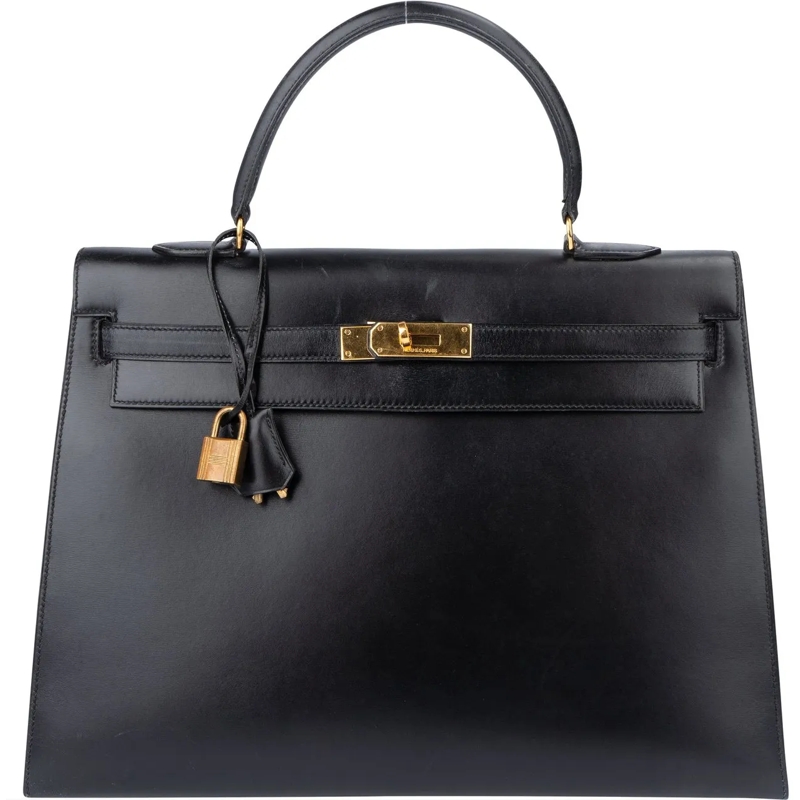 Hermès Schultertasche Hermes Noir Boxcalf Kelly 35 Handbag schwarz
