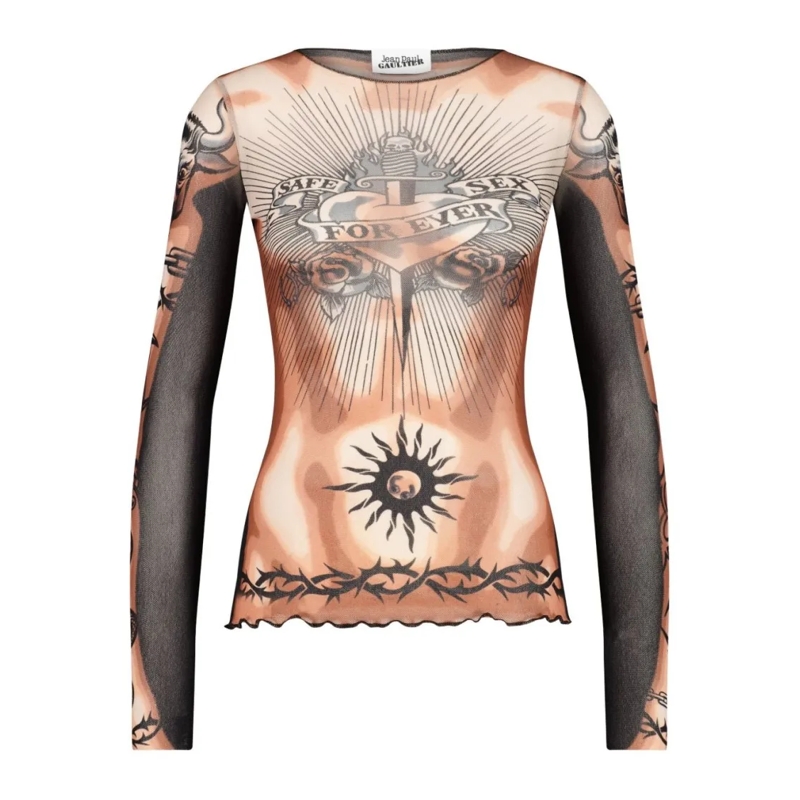 Jean Paul Gaultier Langärmeliges Oberteil Tattoo-Inspired Sheer Long-Sleeved Top With Bold M Multicolor