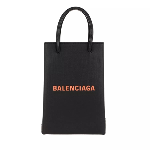 Balenciaga Shopping Phone Holder Bag Leather Black/Fluo Orange Handytasche