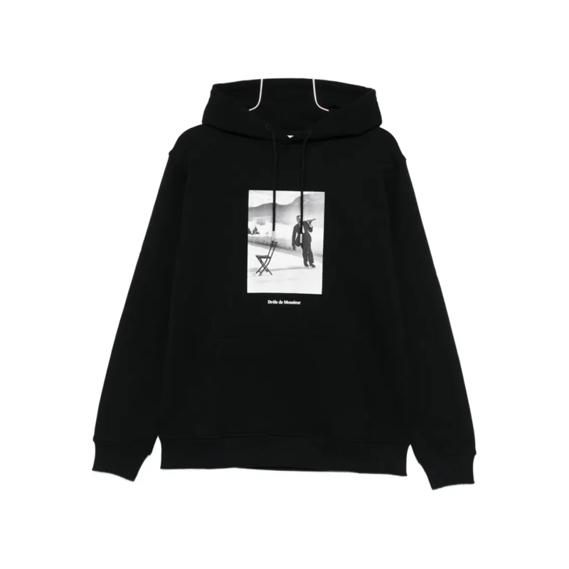 Drôle De Monsieur  Monochrome Graphic Print Hoodie With Drawstring Black