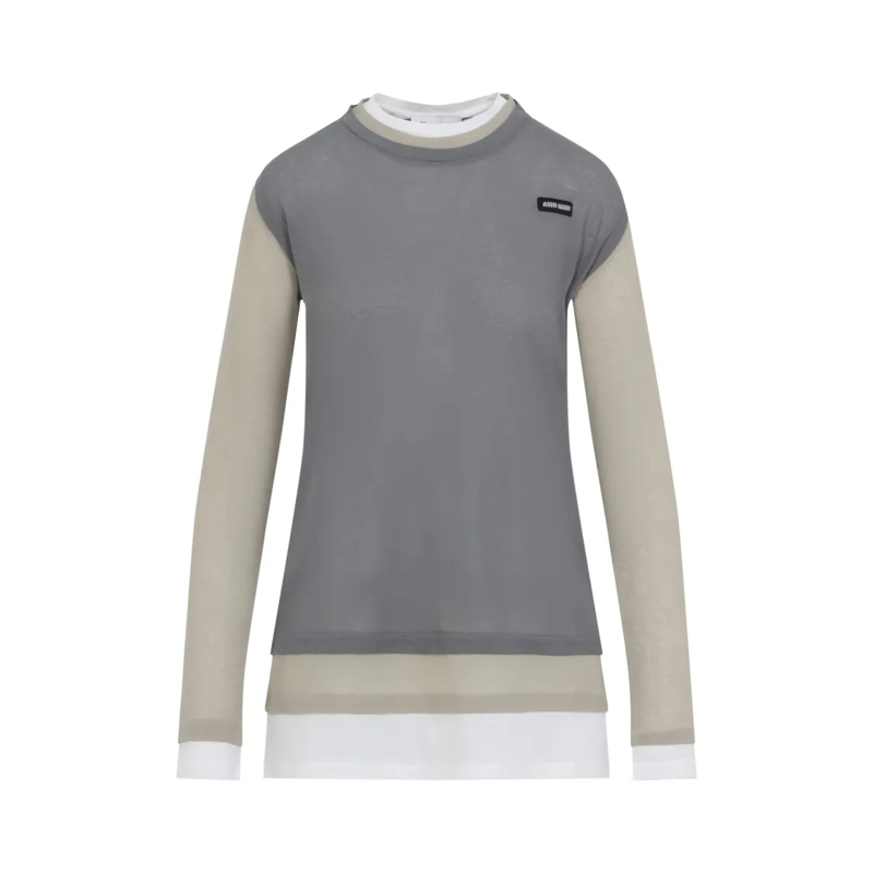 Miu Miu Haut à manches longues Layered Long Sleeve Cotton T-Shirt Grey