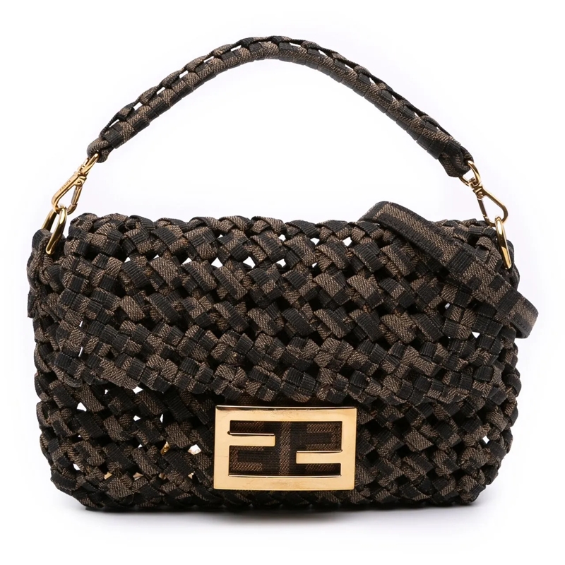 Fendi Schultertasche Mini Interlaced Canvas Zucca Baguette Satchel braun