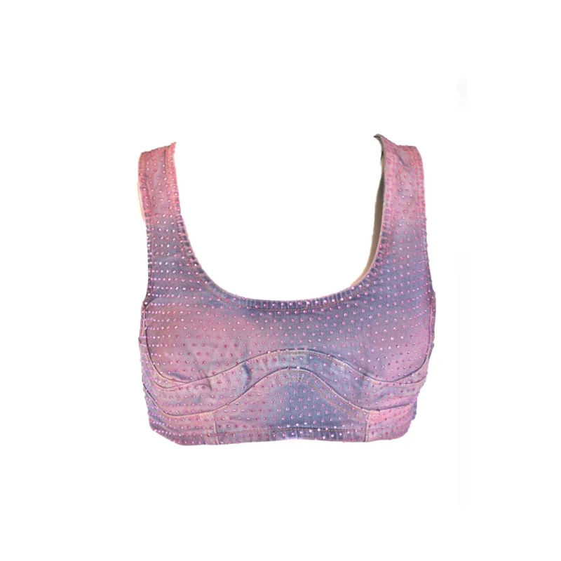 Diesel Top Embellished Denim Crop Top With Cut And Fit Multicolor