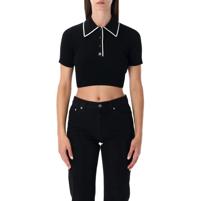 Amiri T-shirt Cropped Black Polo Shirt With Ribbed Texture And B Black