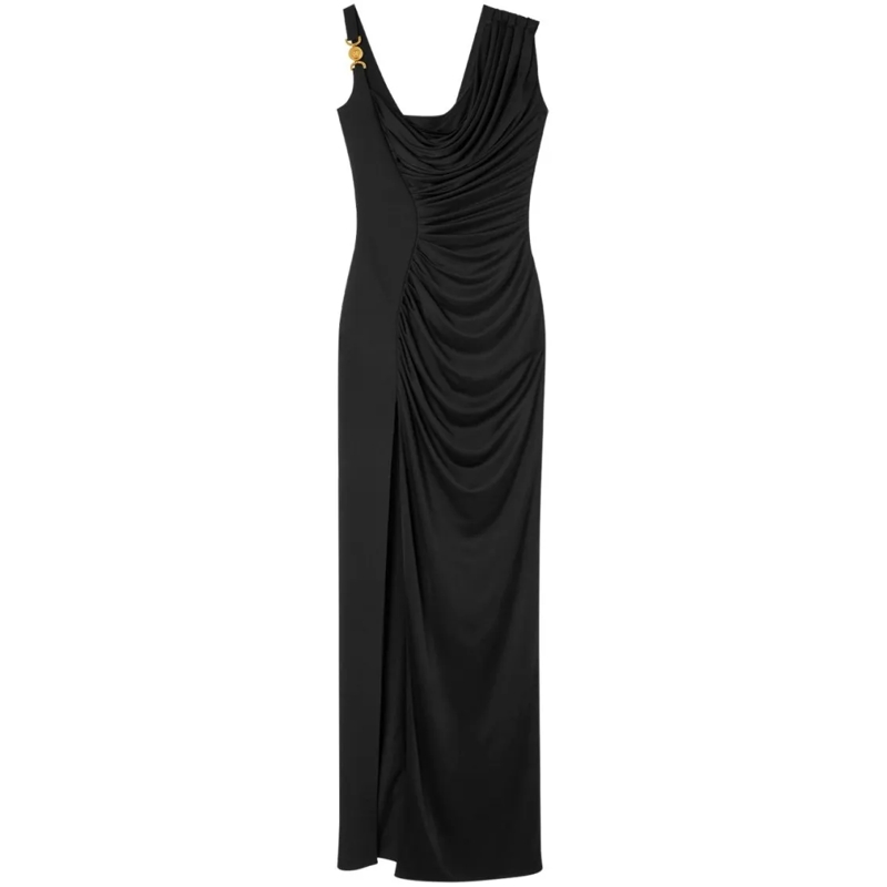 Versace  Asymmetric Draped Black Crepe Envers Satin Dress Black