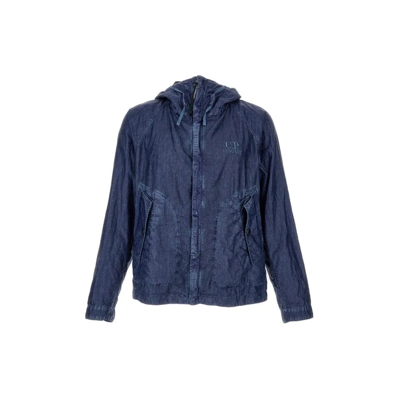 CP Company Veste en jean Textured Linen Jacket With Functional Hood And Bui Blue