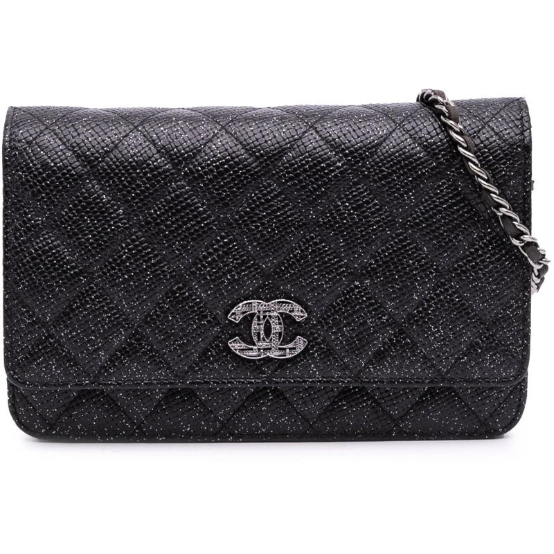 Chanel Sac à bandoulière CC Quilted Glittered Calfskin Wallet On Chain schwarz