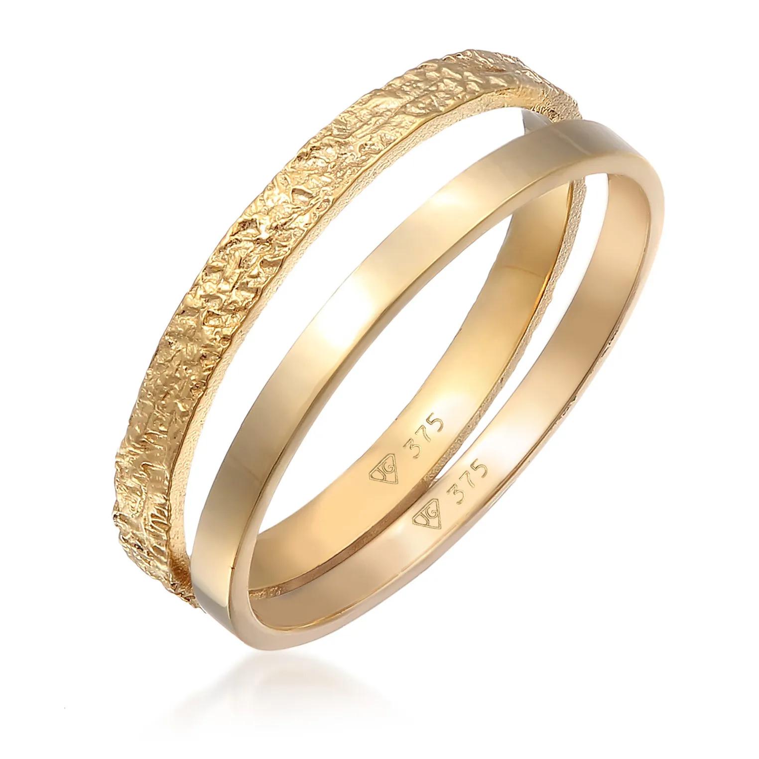 Elli Ringe - Ring 2er Set Bandring Basic Gehämmert 375er Gelbgo - Gr. 52 MM - in Gold - für Damen