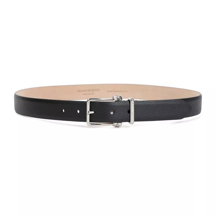 Alexander McQueen Gürtel - Thin Twin Skull Black Grained Leather Belt - Gr. 100 - in Beige - für Damen