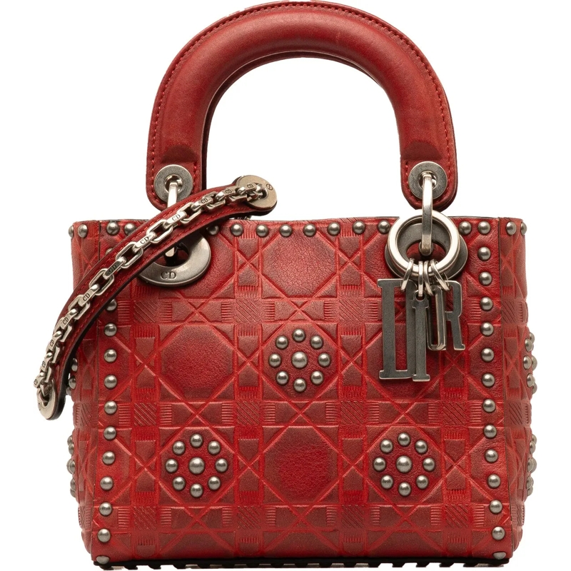 Christian Dior Tote Mini Embossed Calfskin Cannage Studded Flower Lady rot