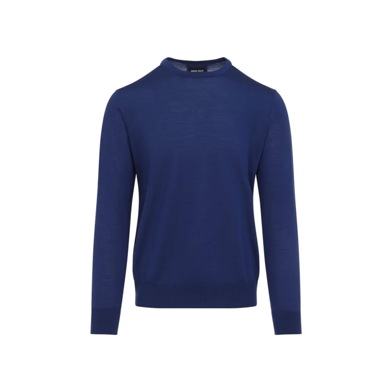 Giorgio Armani Pull Royal Blue Virgin Wool Sweater With Classic Crew N Green