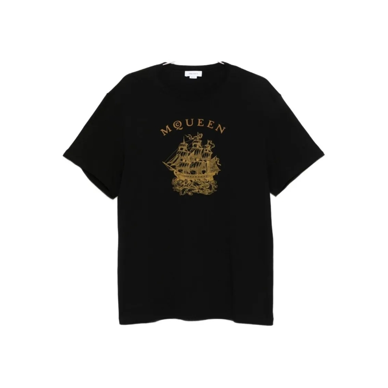 Alexander McQueen T-shirt Graphic Sailing Ship T-Shirt With Gold Detailing Black
