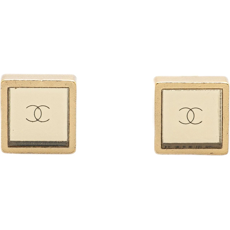 Chanel  Gold Plated Square CC Mirror Push Back Earrings gold