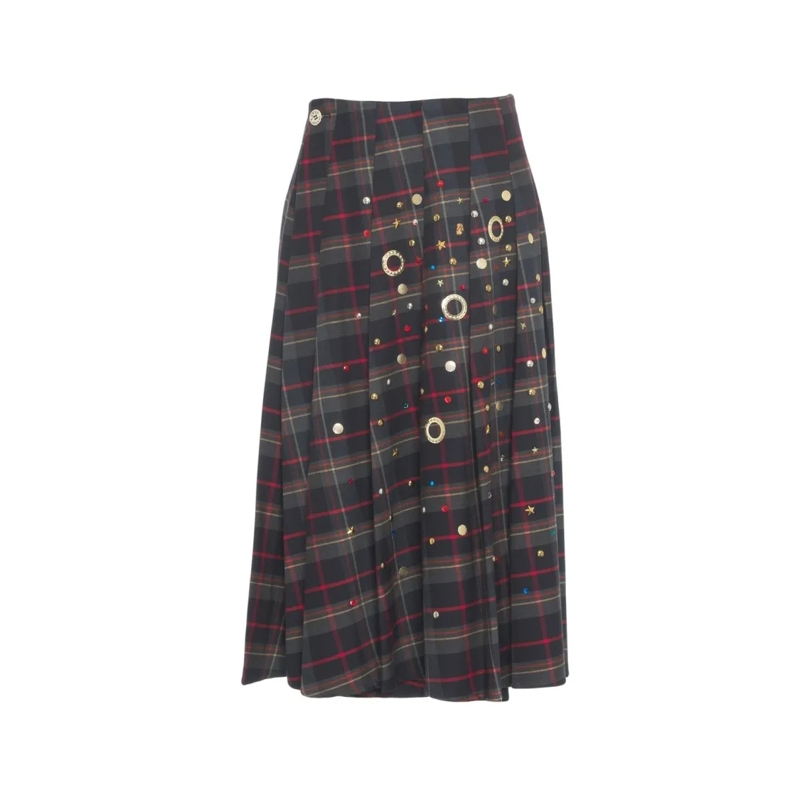 5 Progress Midirok Pleated Midi Skirt With Embellished Checkered Desi Black