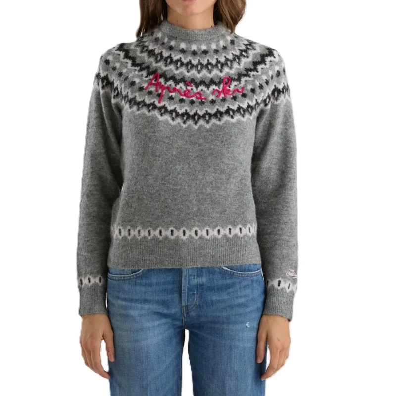 Mc2 Saint Barth  Nordic Knit Sweatshirt With Embroidered Script Det Grey