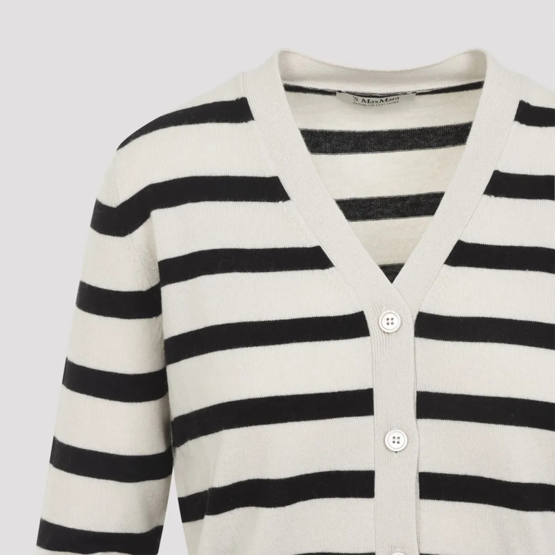Max Mara Strickjacke V-Neck Cardigan With Striped Knit Design White(Image 6)