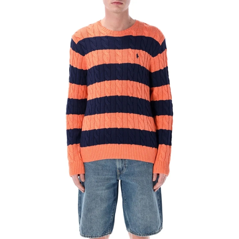 Polo Ralph Lauren Pull Bold Striped Cable Knit Sweater Orange