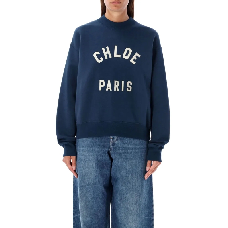 Chloé Trui Navy Crew Neck Sweater With Bold Front Logo Black