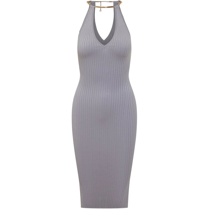 Elisabetta Franchi Maxikleid Abito di Maglia con Scollo a V e Dettaglio Collo grau