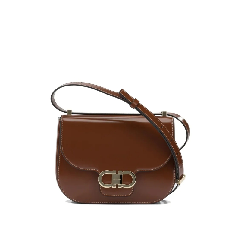 Salvatore Ferragamo Sac à bandoulière Curved Flap Brown Leather Crossbody Bag With Gold- Black