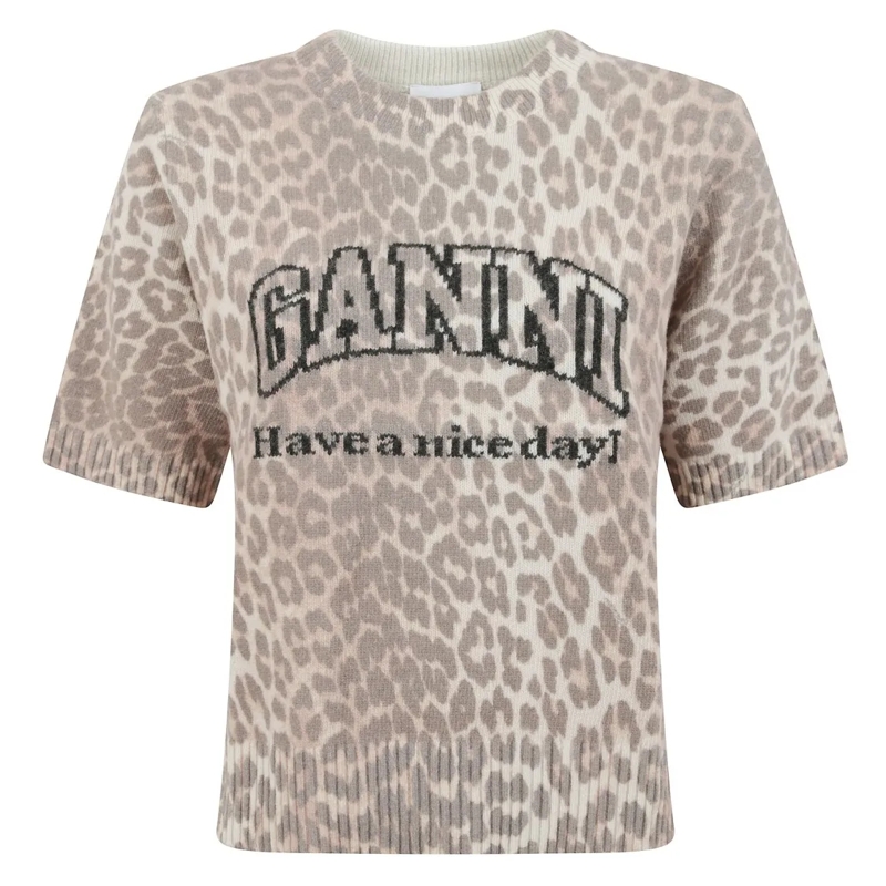 GANNI Pullover Leopard Print Short-Sleeved Sweater Grey