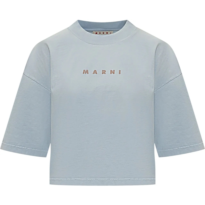 Marni T-Shirt T-shirt Cropped con Logo Ricamato hellblau