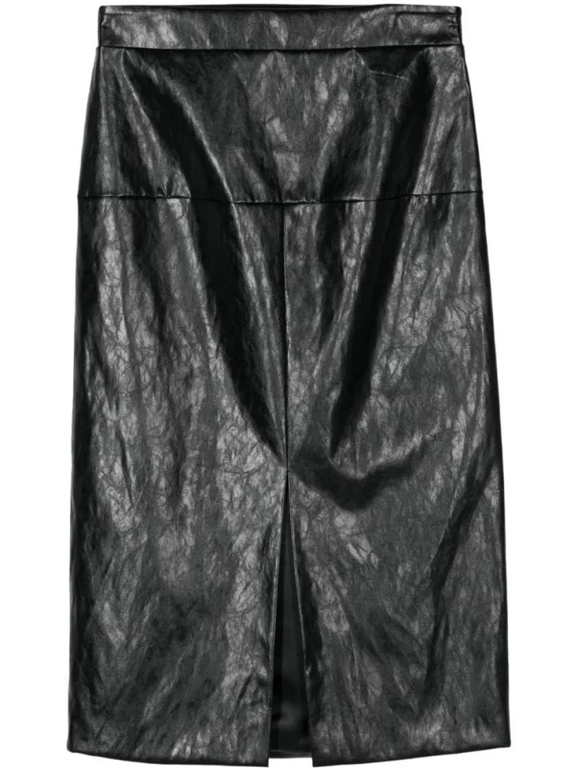 Federica Tosi - Black Faux Leather Crinkled Finish Mid-Calf Skirt - Größe 42 - schwarz