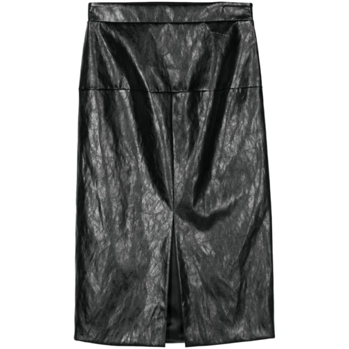 Federica Tosi Midi-Röcke Black Faux Leather Crinkled Finish Mid-Calf Skirt Black