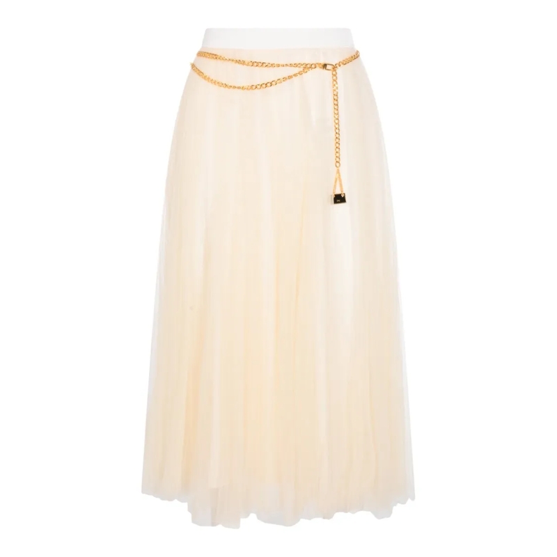 Elisabetta Franchi Midirok Cream Tulle Midi Skirt With Gold-Tone Accents Neutrals