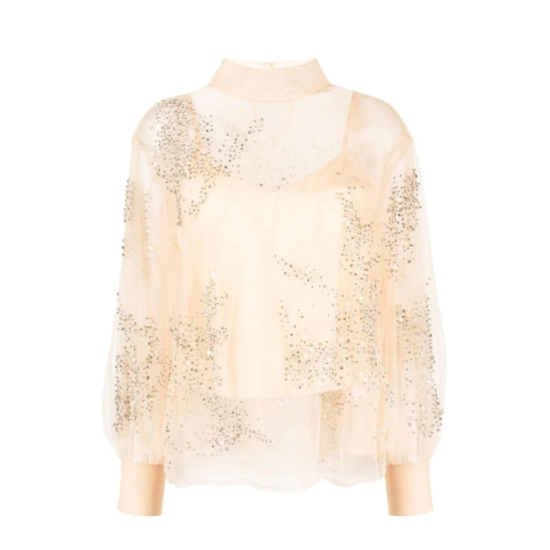 Des Phemmes Bluse Embellished Sheer Sweater With Puff Sleeves And De Neutrals