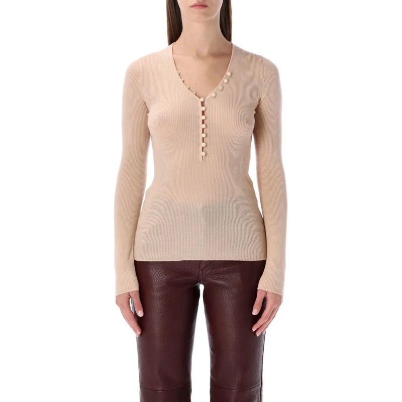 Chloé Langärmeliges Oberteil Chloé Wool V-Neck Henley Top Neutrals