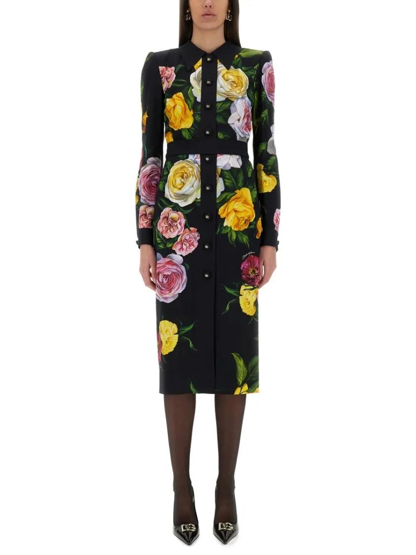 Thumbnail - Dolce&Gabbana - Peony And Rose Print Chemise Longuette Dress - Größe 42 - schwarz