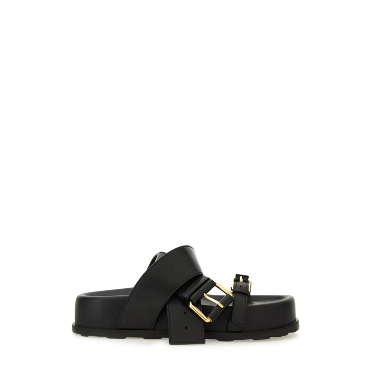 サンダル・ミュール Moschino Black Leather Sandal With Woven Buckle Detail Moschino Black Leather Sandal With Woven Buckle Detail Black