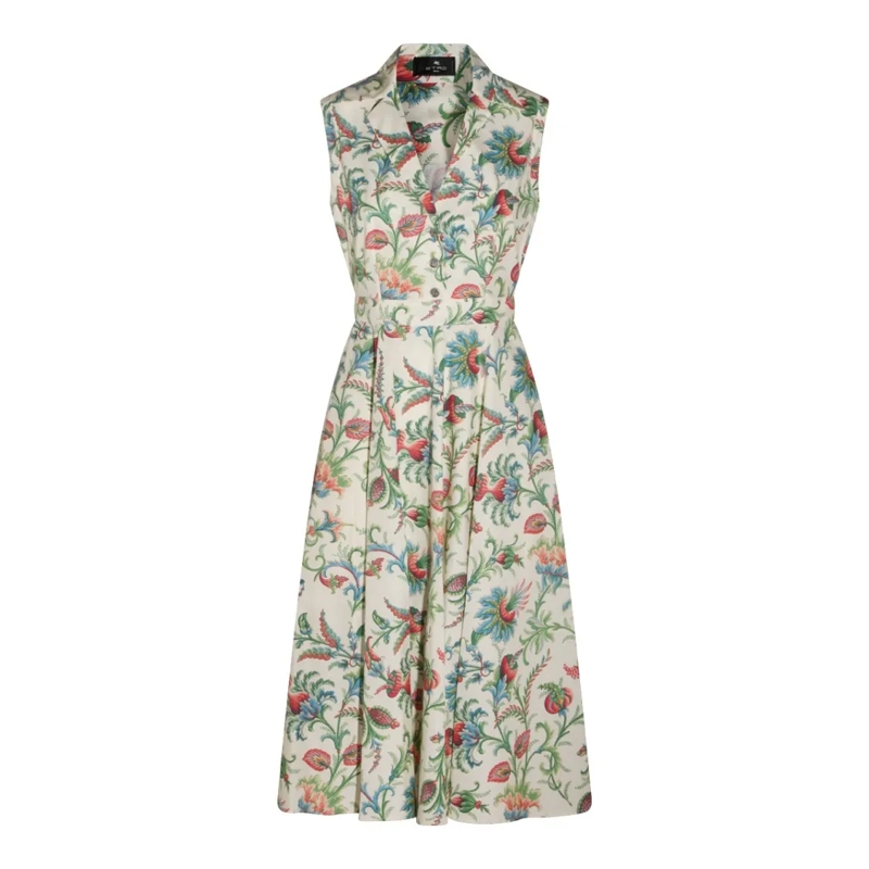 Etro Midi-jurk Multicolor Floral Cotton Midi Dress With V-Necklin Multicolor