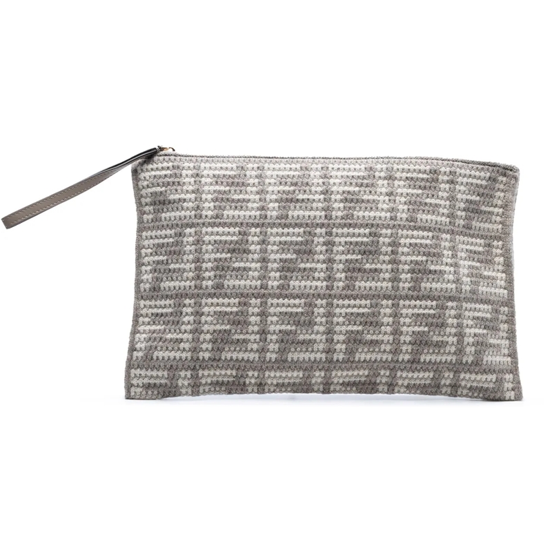 Fendi Nécessaire Large Woven Fabric and Calfskin FF Flat Pouch grau