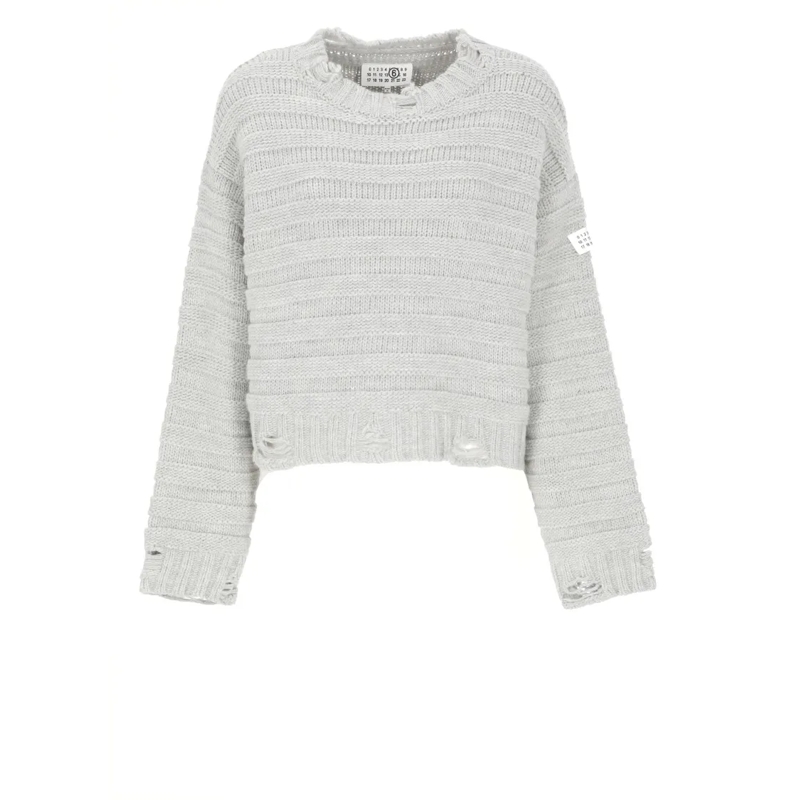MM6 Maison Margiela Pull Wool Blend Sweater With Numeric Logo Patch And Cut White