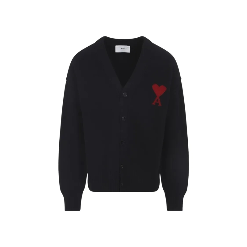 AMI Paris Strickjacke Heather Black Wool Cardigan With V-Neck And Signat Black(Image 3)
