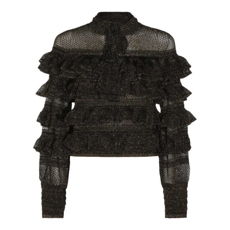 Zimmermann Langärmeliges Oberteil Sheer Textured Top With Ruffled Detailing Black