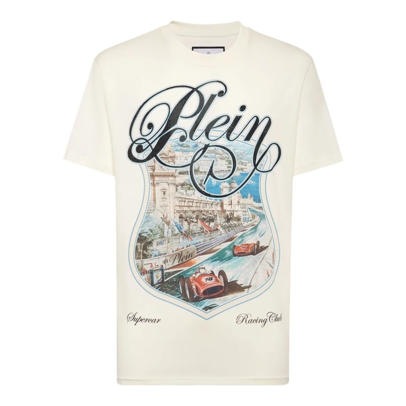 Philipp Plein T-Shirt T-Shirt Racing Mit Schmucksteinen weiss